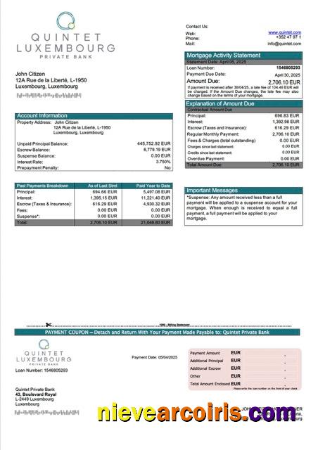 Luxembourg Quintet Private Bank mortgage statement Word and PDF template